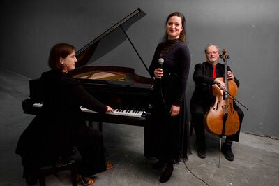 Een foto van de drie muzikanten met hun instrument. Ze dragen allemaal zwart met rode accenten.