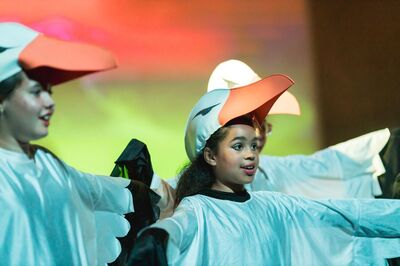 Kinderen dansen in witte vogelpakken met oranje snavels op een gekleurd podium